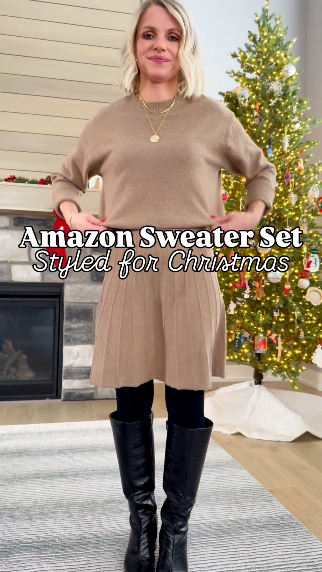 Amazon sweater set styled for Christmas! 🎄 
Set- small
Coat and scarf are old, I linked some similar options! 

#LTKPetite #LTKHoliday #LTKSeasonal