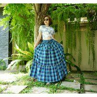 Boho Tiered Plaid Maxi Skirt, Bohemian Hippie Peasant Long Skirt Elastic Waist With 2 Pockets | Etsy (US)