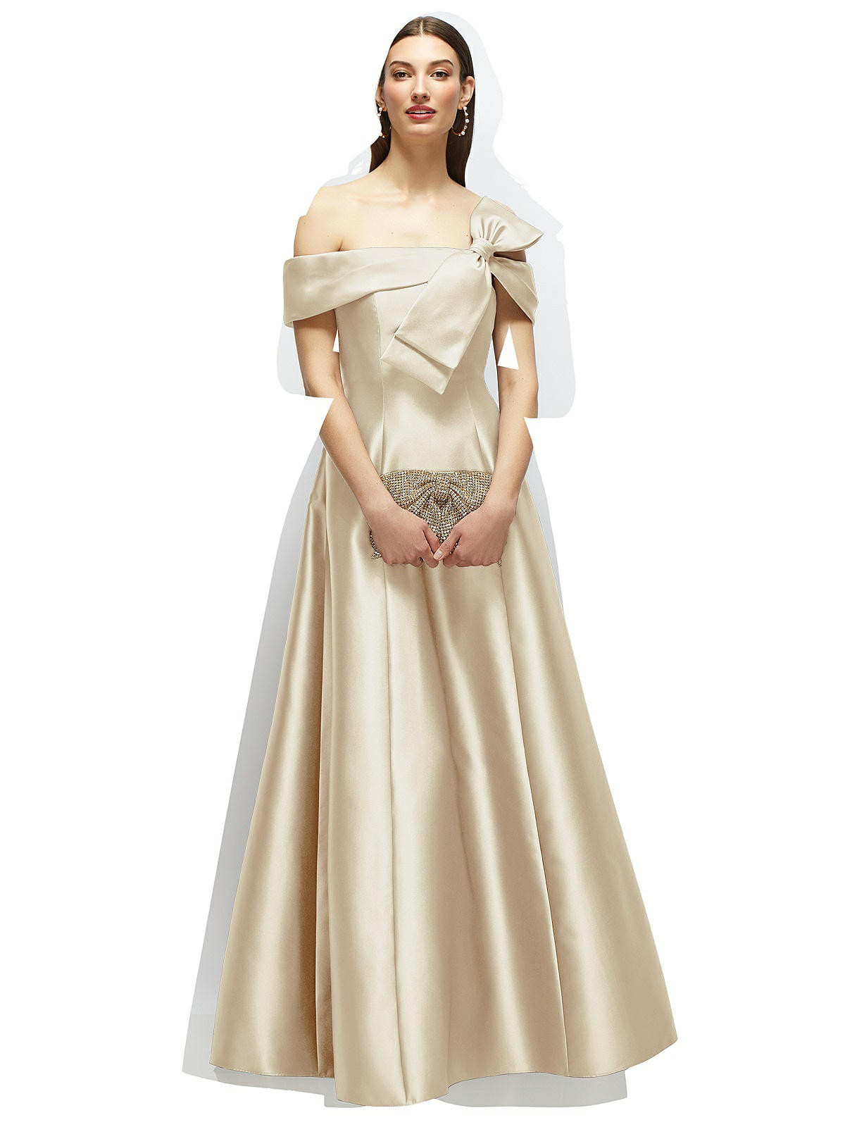 Asymmetrical Bow Off-Shoulder Satin Gown with Ballroom Skirt in Champagne | The Dessy Group