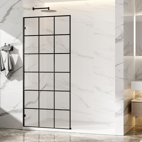Shower Glass Panel with Grids Pattern Fixed Shower Screen, 36” W x 78” H 3/8” 10mm Single Frameless Shower Doors for Walk in Shower with Clear Tempered Glass for Bathroom, Matte Black Hardware | Amazon (US)