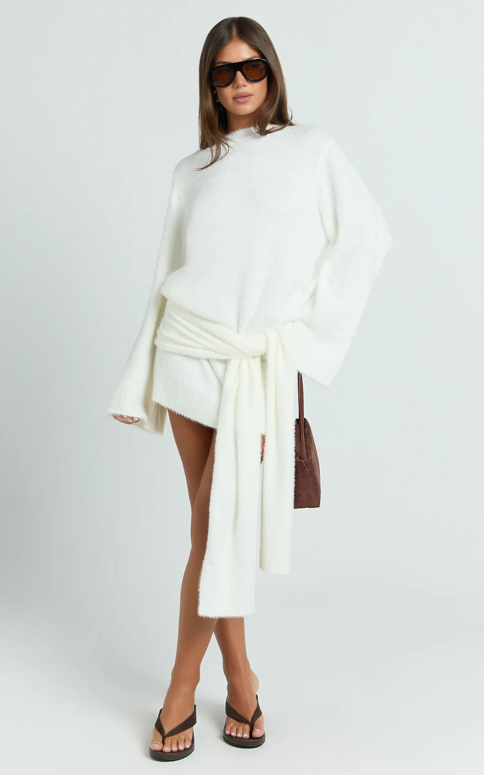 Tisdale Mini Dress - Wrap Skirt Fluffy Knit Jumper Dress in Cream | Showpo (US, UK & Europe)