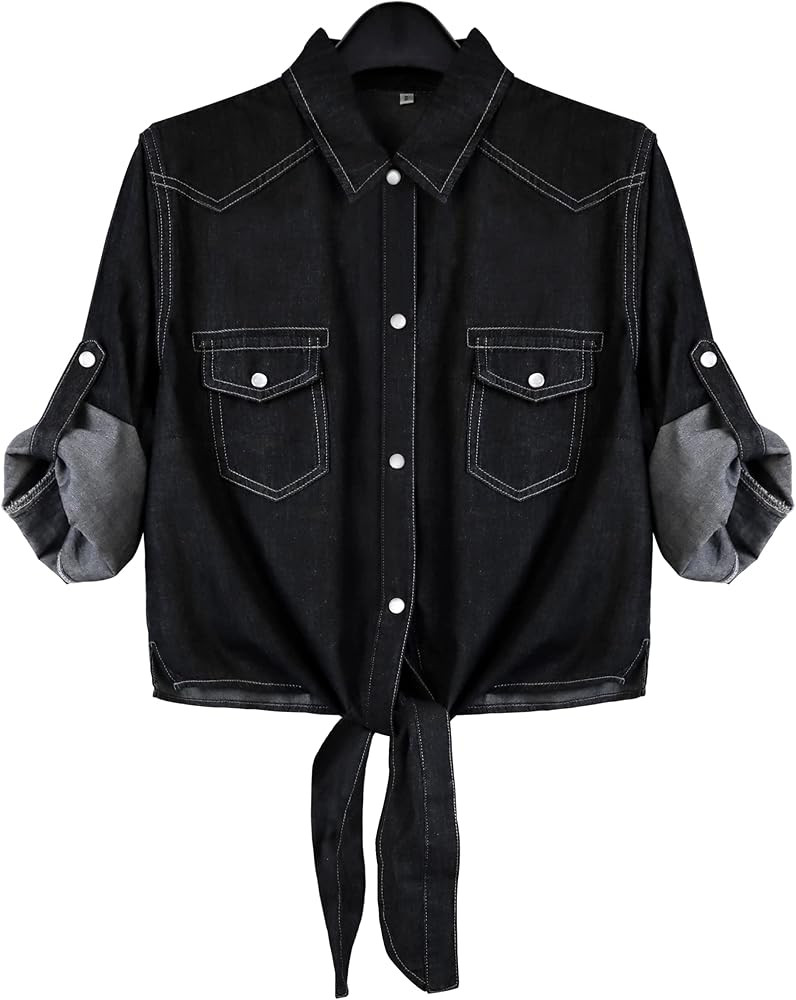 Omoone Women's 3/4 Sleeve Denim Crop Top Tie Knot Shirt Cardigan | Amazon (US)