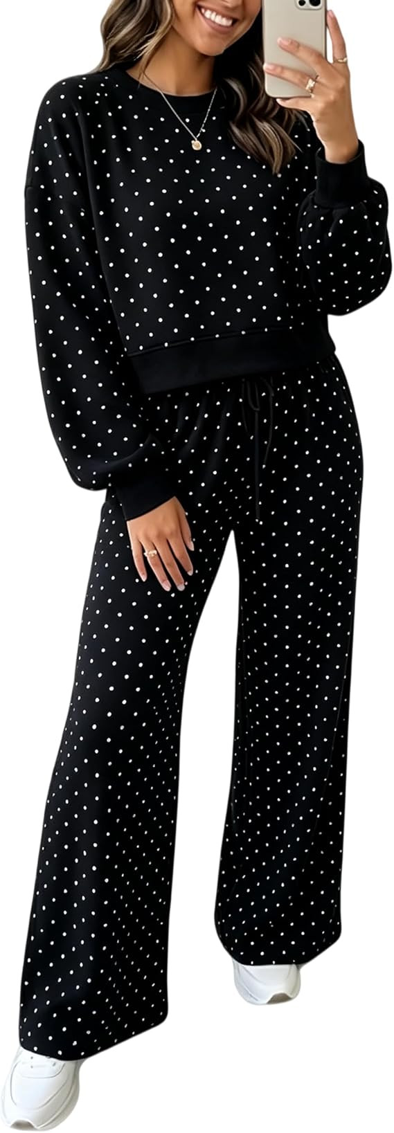 Ailoqing Womens Polka Dot 2 Piece Cropped Top Wide Leg Pant Sets | Soft Fabric, Cropped Sweatshir... | Amazon (US)