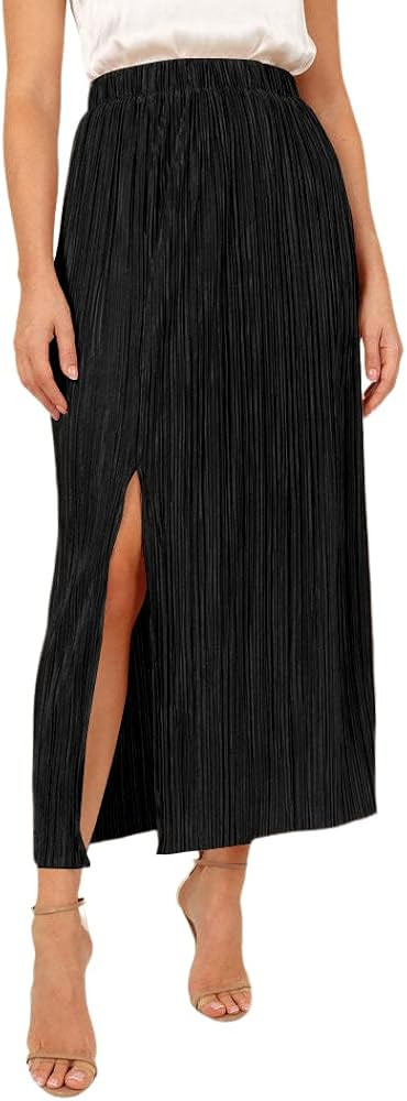 Rooscier Women's Pleated Side Split Elastic High Waist Shiny Party Midi Long Skirts | Amazon (US)