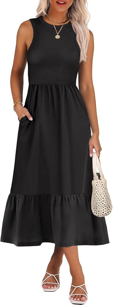 ANRABESS Women Midi Dresses 2025 Summer Casual Sleeveless Sundress High Neck Tank Top Racerback F... | Amazon (US)