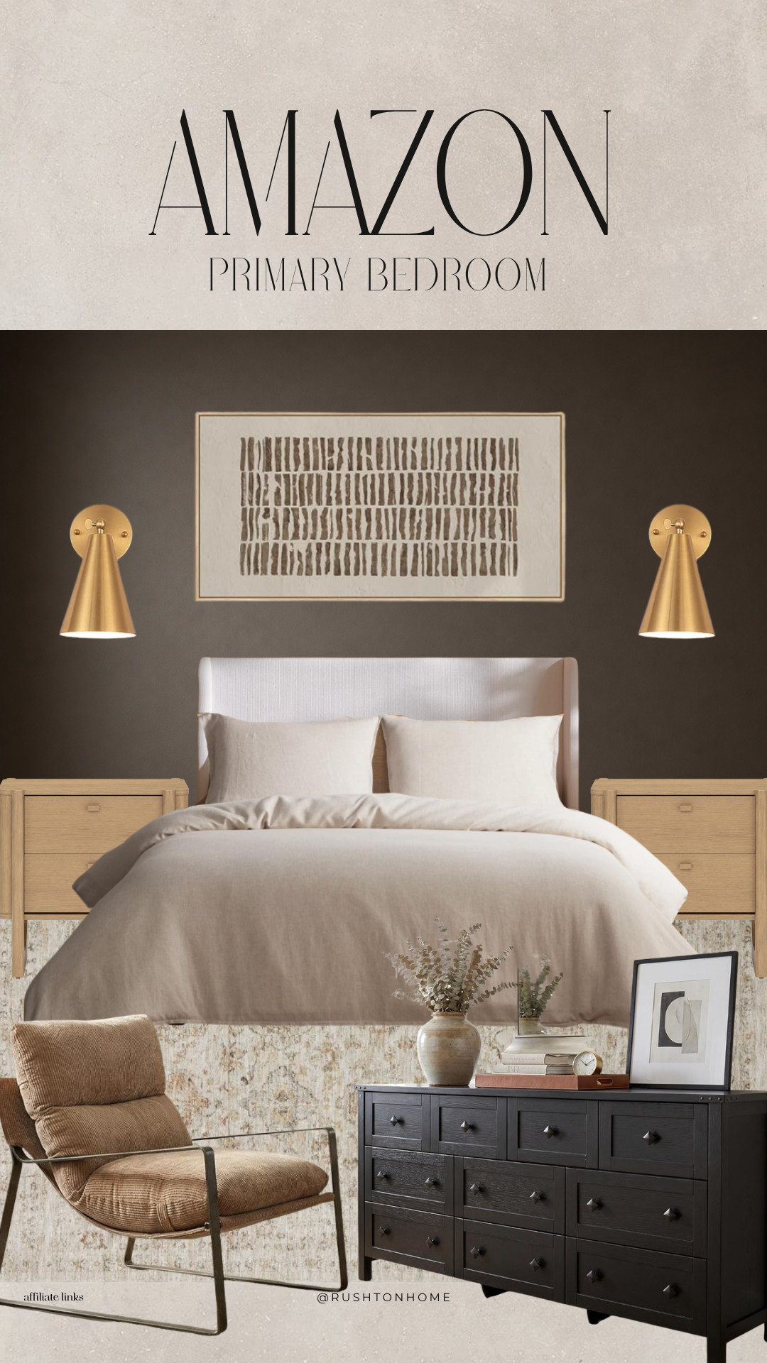 Amazon Primary Bedroom, modern bedroom decor, amazon bedroom finds, neutral bedroom design, moody bedroom, dark accent wall, upholstered bed, brass wall sconces, wood nightstands, black dresser, bedroom styling ideas, cozy bedroom decor, modern organic bedroom, bedroom mood board, neutral home decor, contemporary bedroom furniture, area rug bedroom, layered bedding, minimalist bedroom design, primary suite inspiration, amazon home finds 

 #LTKHome #LTKSaleAlert