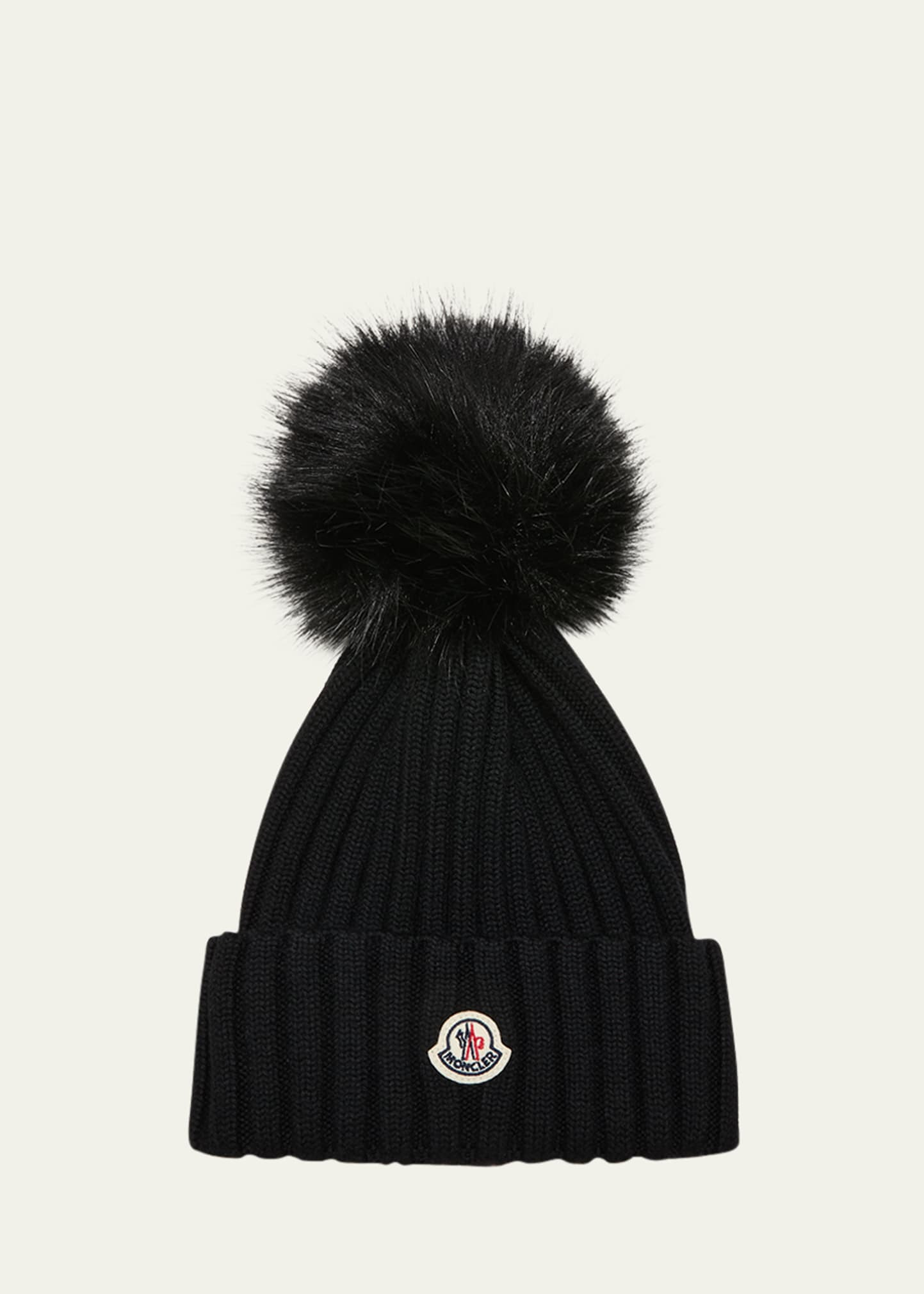 Moncler Ribbed Wool Beanie with Faux Fur Pom | Bergdorf Goodman