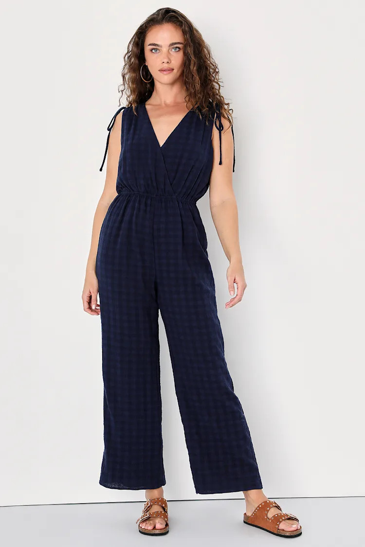Favorite View Navy Blue Sleeveless Surplice Wide-Leg Jumpsuit | Lulus