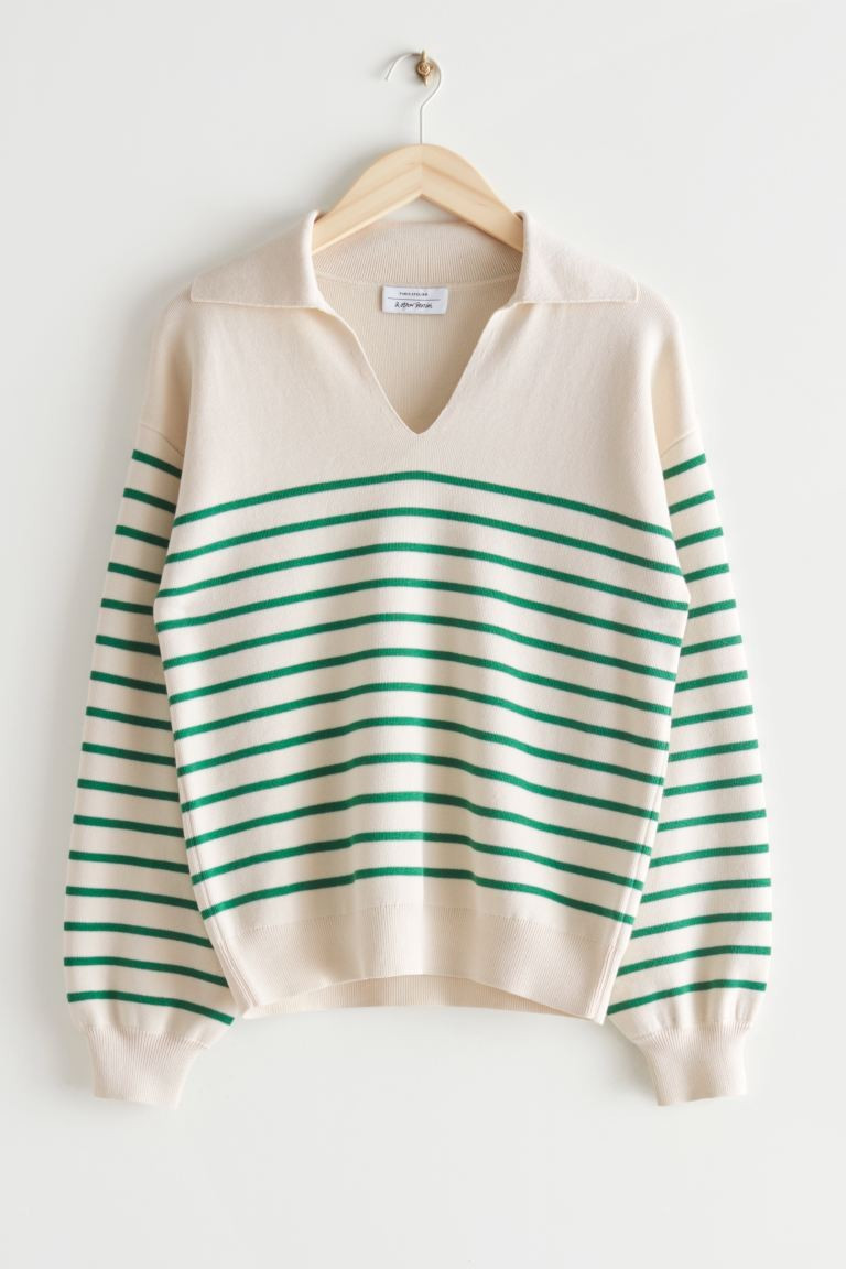 Relaxed Collared Sweater - White/Green Stripes - Ladies | H&M GB | H&M (UK, MY, IN, SG, PH, TW, HK)