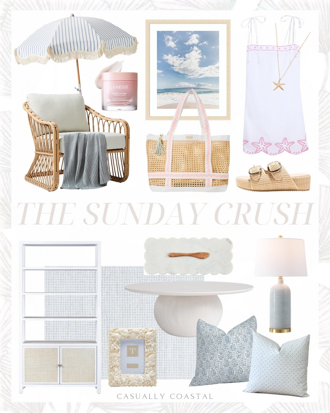 The Sunday Crush!

Coastal home decor, coastal style, coastal wall art, coastal rug, coastal lamp, coastal dress, coastal umbrella, coastal pillows, beach framed wall art, Serena & lily beach umbrella, coastal lounge chair, Lilly Pulitzer travel tote bag, caning beach bag, vineyard vines cover up dress, platform sandals, raffia espadrilles, starfish pendant necklace, outdoor throw blanket, coastal throw blanket, white scallop marble board, cutting board, solid wood single coffee table, white coffee table, wayfair rug, wool area rug, gray area rug, wood and raffia bookcase, ceramic table lamp, Etsy pillow covers, coastal pillow covers, floral throw pillow covers, laneige sleeping mask, shell photo frame, coastal photo frame

#LTKHome