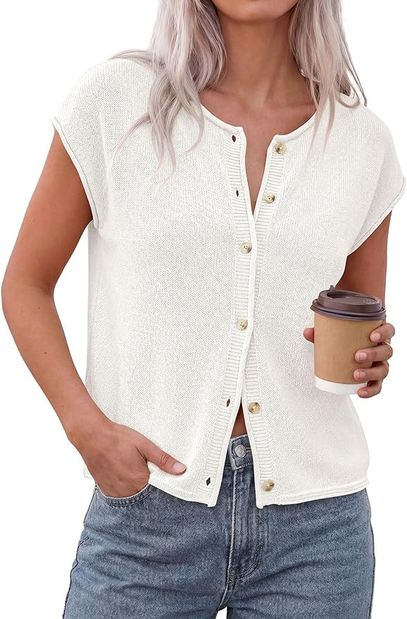 PRETTYGARDEN Sweater Vest Women 2026 Summer Spring Cap Short Sleeve Cardigan Lightweight Button D... | Amazon (US)