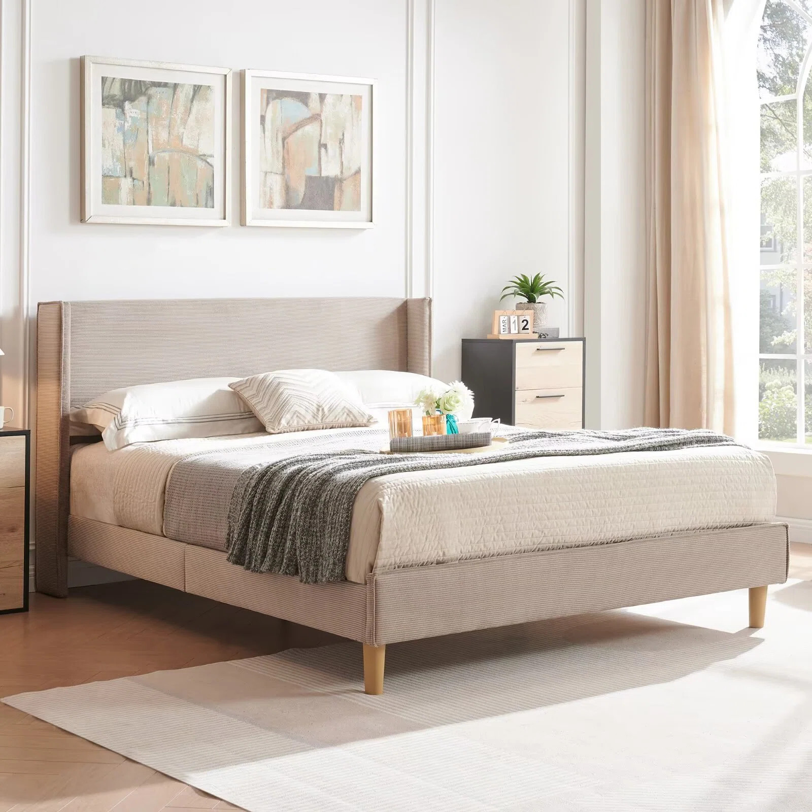 Luxury Modern Wingback Corduroy Upholstered Bed | Wayfair North America