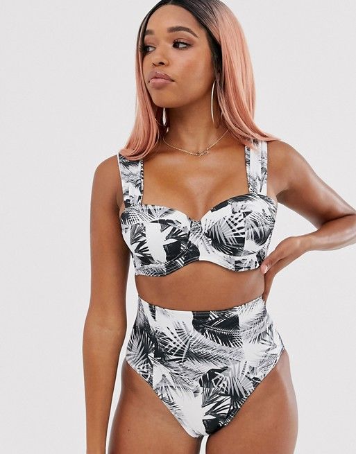 ASOS DESIGN recycled fuller bust exclusive underwired longline bikini top in mono palm print dd-g | ASOS (Global)