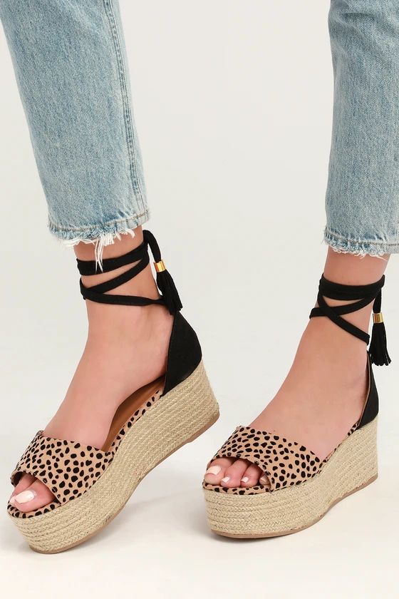 Vera Tan and Black Suede Leopard Print Espadrille Wedges | Lulus (US)