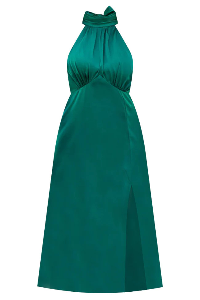 Hard To Ignore Emerald Satin Mock Neck Midi Dress Pink Lily Code Pink Lily Dress  | Pink Lily