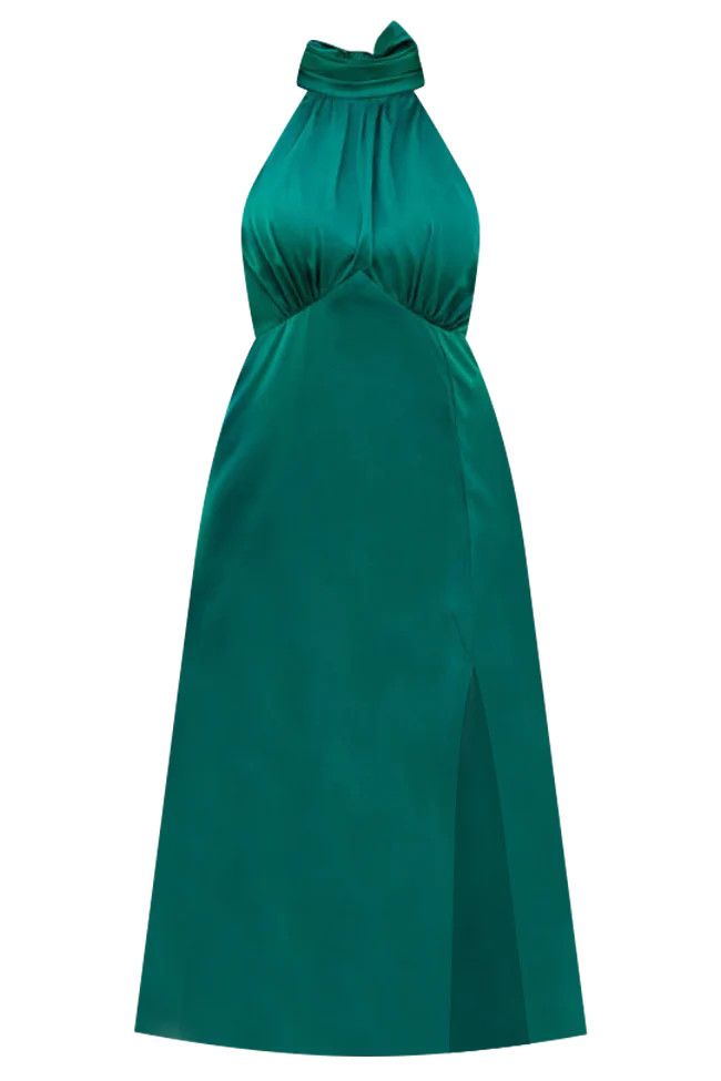 Hard To Ignore Emerald Satin Mock Neck Midi Dress Pink Lily Code Pink Lily Dress  | Pink Lily