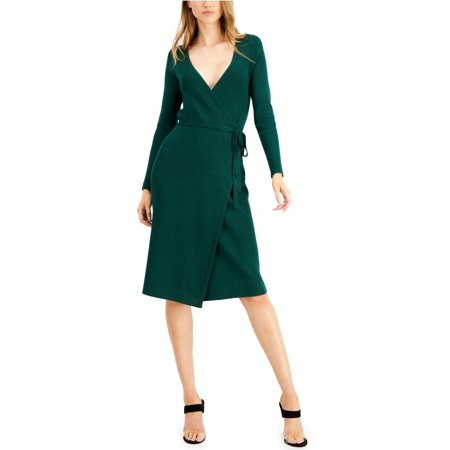 GUESS Womens Green Stretch Tie Ribbed Sweater Long Sleeve Surplice Neckline Midi Wrap Dress L | Walmart (US)