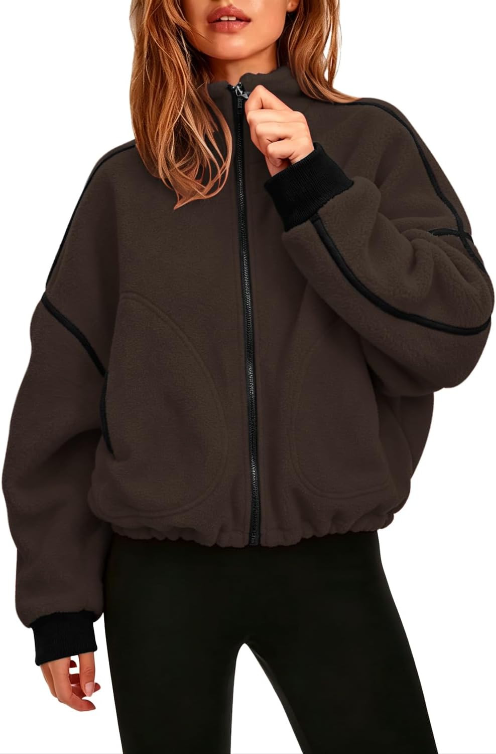 QINSEN Women Fleece Jacket Cropped Full-Zip Up Sherpa Jackets Warm Stand Collar Outerwear with Pockets | Amazon (US)
