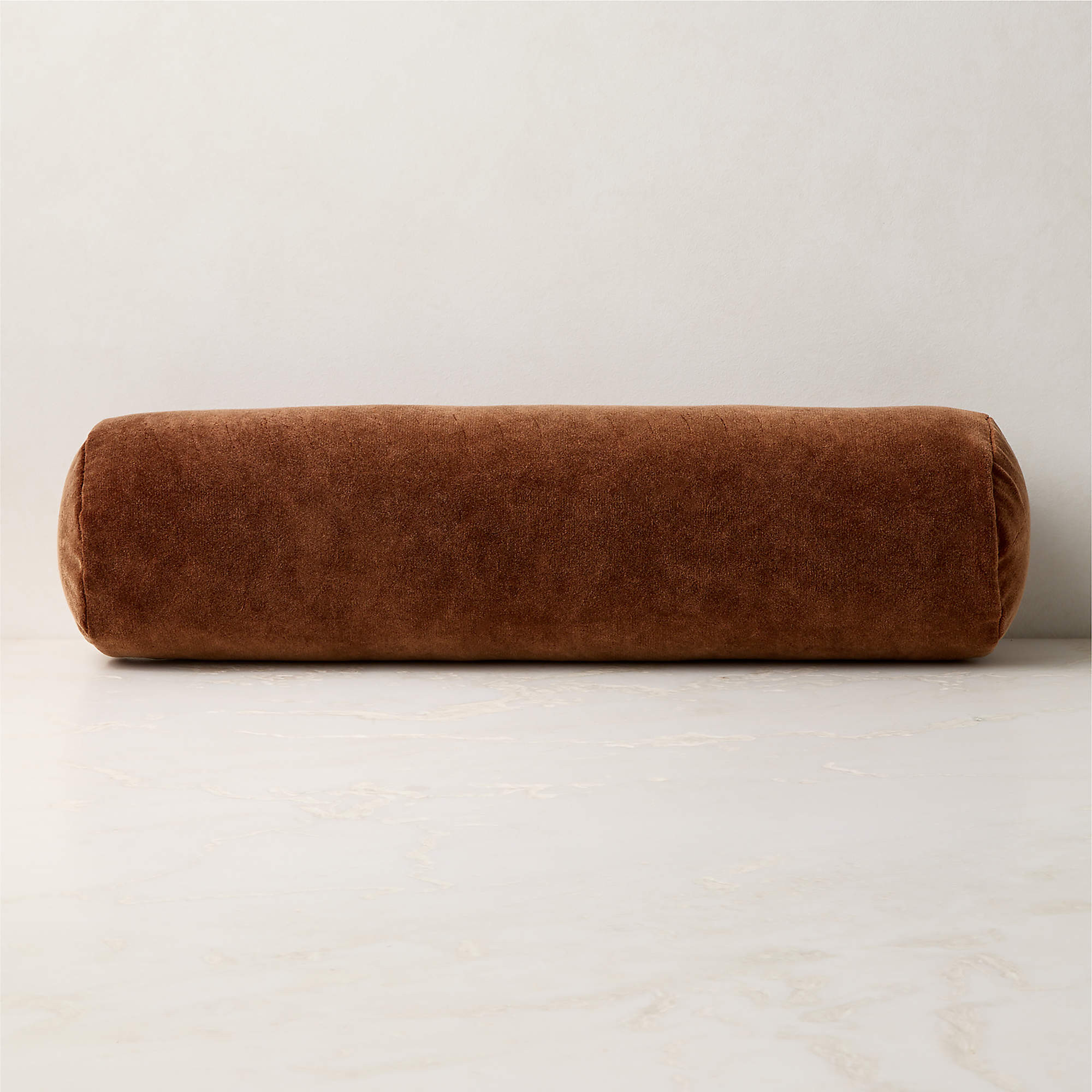 Encino Sienna Brown Organic Cotton Stonewashed Velvet Bolster Throw Pillow 24"x6" | CB2 | CB2