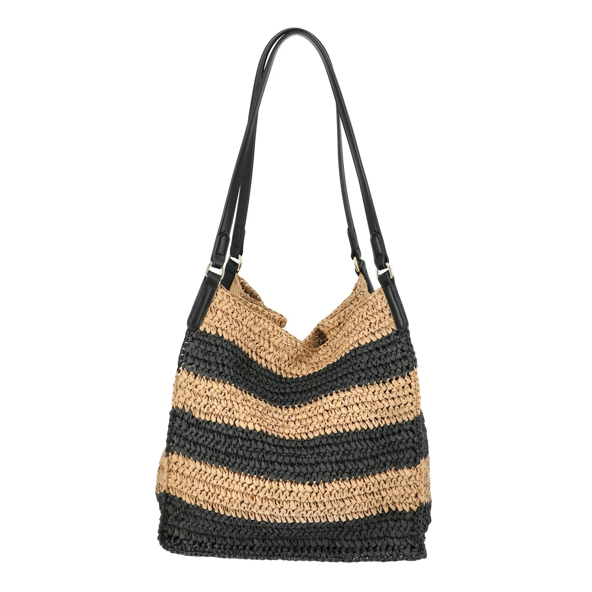 Time and Tru Women's Packable Straw Tote, Stripe | Walmart (US)