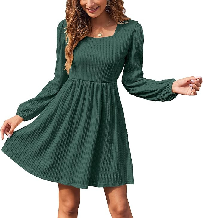 Sherosa Womens Long Sleeve Knit Dress Square Neck Knee Length Casual Babydoll Fall Dresses 2023 | Amazon (US)