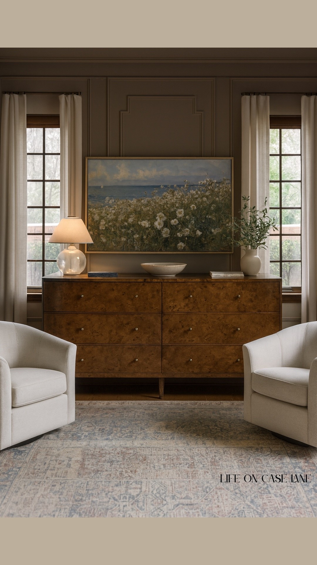 Bedroom wall inspiration - frame tv artwork, swivel chair, dresser, curtains, lamp, curtain rod, area rug 