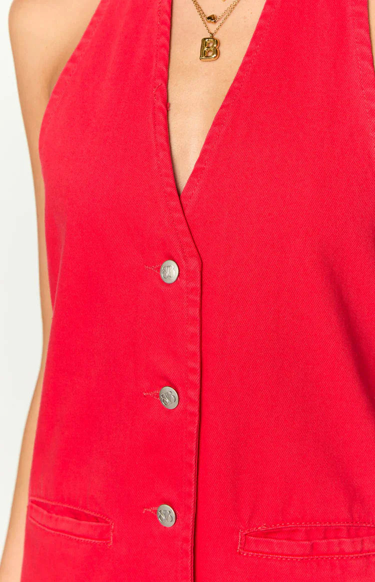 Corbin Red Denim Halter Neck Mini Dress | Beginning Boutique (US)