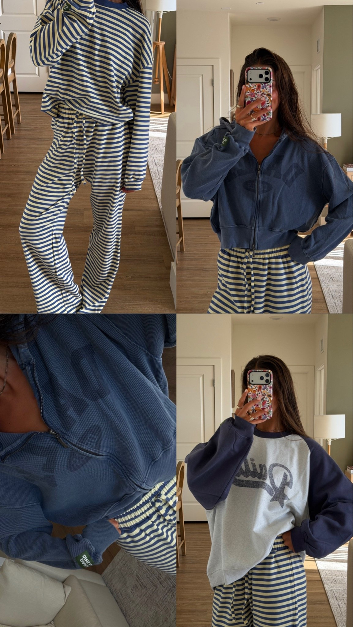 Wearing XS/S in striped set and crew! M/L in thermal zip up