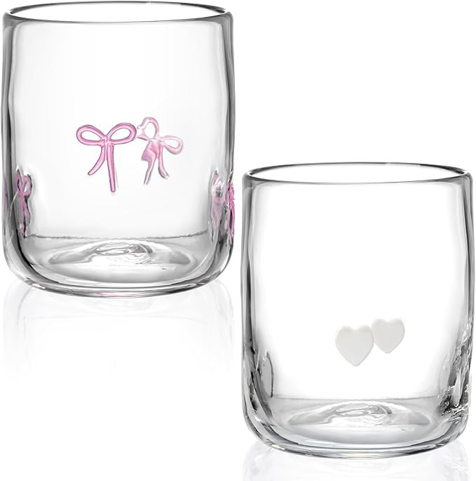 Skylety Set of 2 Bow Icon Juice Glass 14oz Coquette Pink Bow Glass Cup Coquette Heart Coffee Mug ... | Amazon (US)