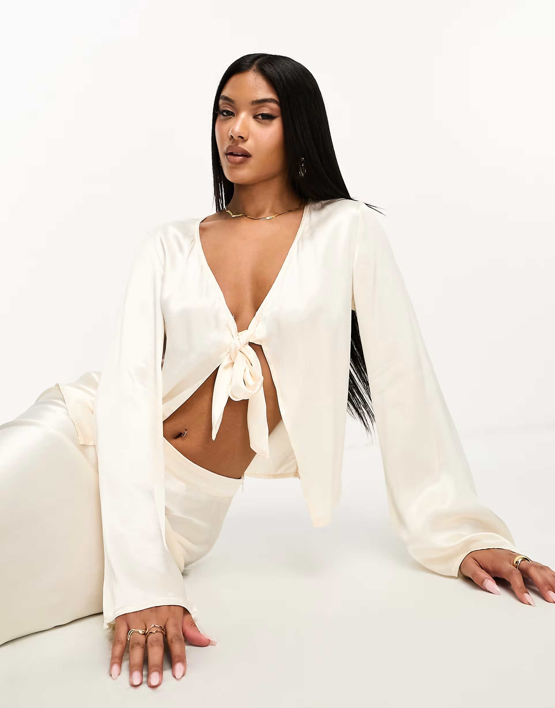 SNDYS satin tie front top co-ord in cream | ASOS (Global)