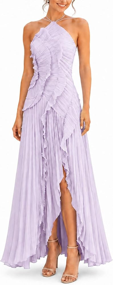 Women's Halter Neck Ruffled Pleated Maxi Dress, Sleeveless Chiffon Asymmetric Hem Cocktail Evenin... | Amazon (US)