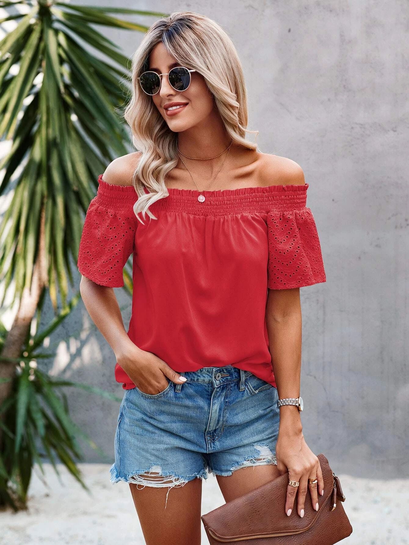 Eyelet Embroidery Frill Trim Off Shoulder Puff Sleeve Blouse | SHEIN
