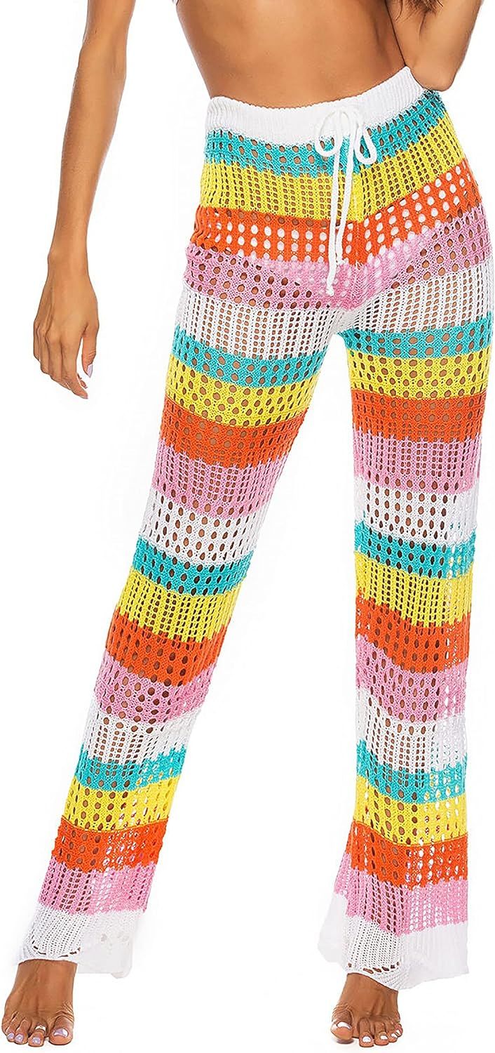 JUDYBRIDAL Womens High Waist Crochet Net Hollow Out Cover Up Mesh Beach Bikini Swimsuits Pants | Amazon (US)