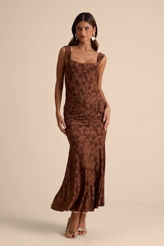 Celeste Brown Floral Burnout Bustier Maxi Dress | Lulus