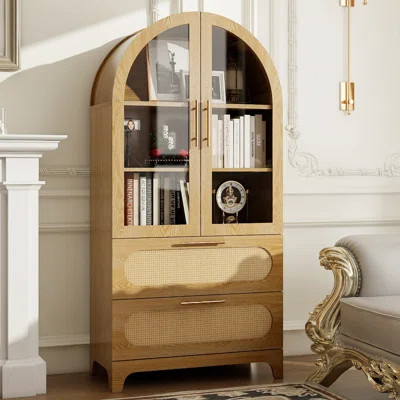 Arched Wood Storage Cabinet With Rattan Doors, 3-Tier Freestanding Display Shelf With Hidden Storage | Wayfair North America