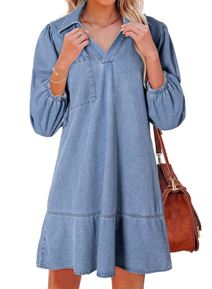Dokotoo Denim Dress for Women Fashion Fall Casual Babydoll 2025 V Neck 3/4 Puff Sleeve Jean Dress... | Amazon (US)