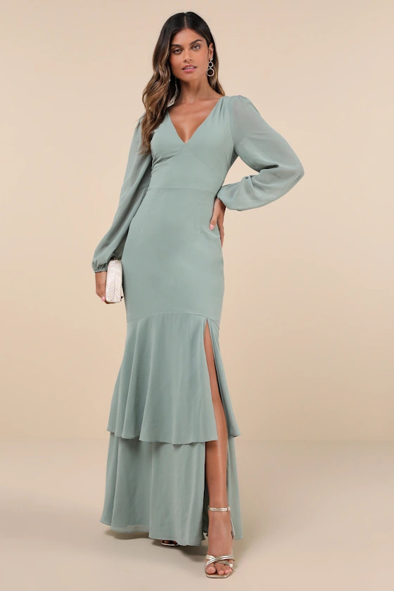 Tier Elegance Sage Brush Long Sleeve Tiered Maxi Dress | Lulus