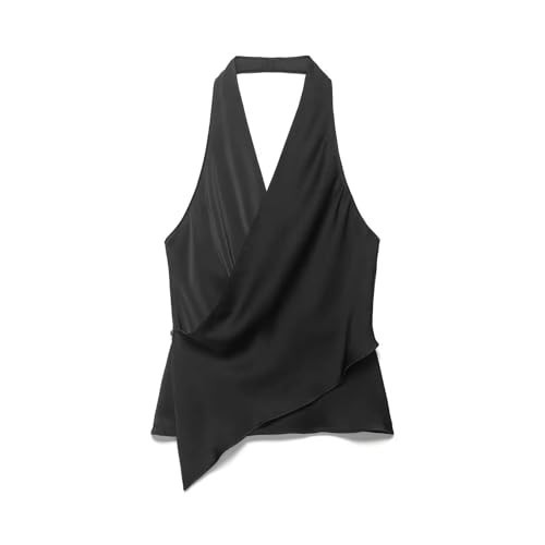Women Summer Fashion Solid Silk Satin Top Sexy Backless Party Asymmetric Hem Top | Amazon (US)