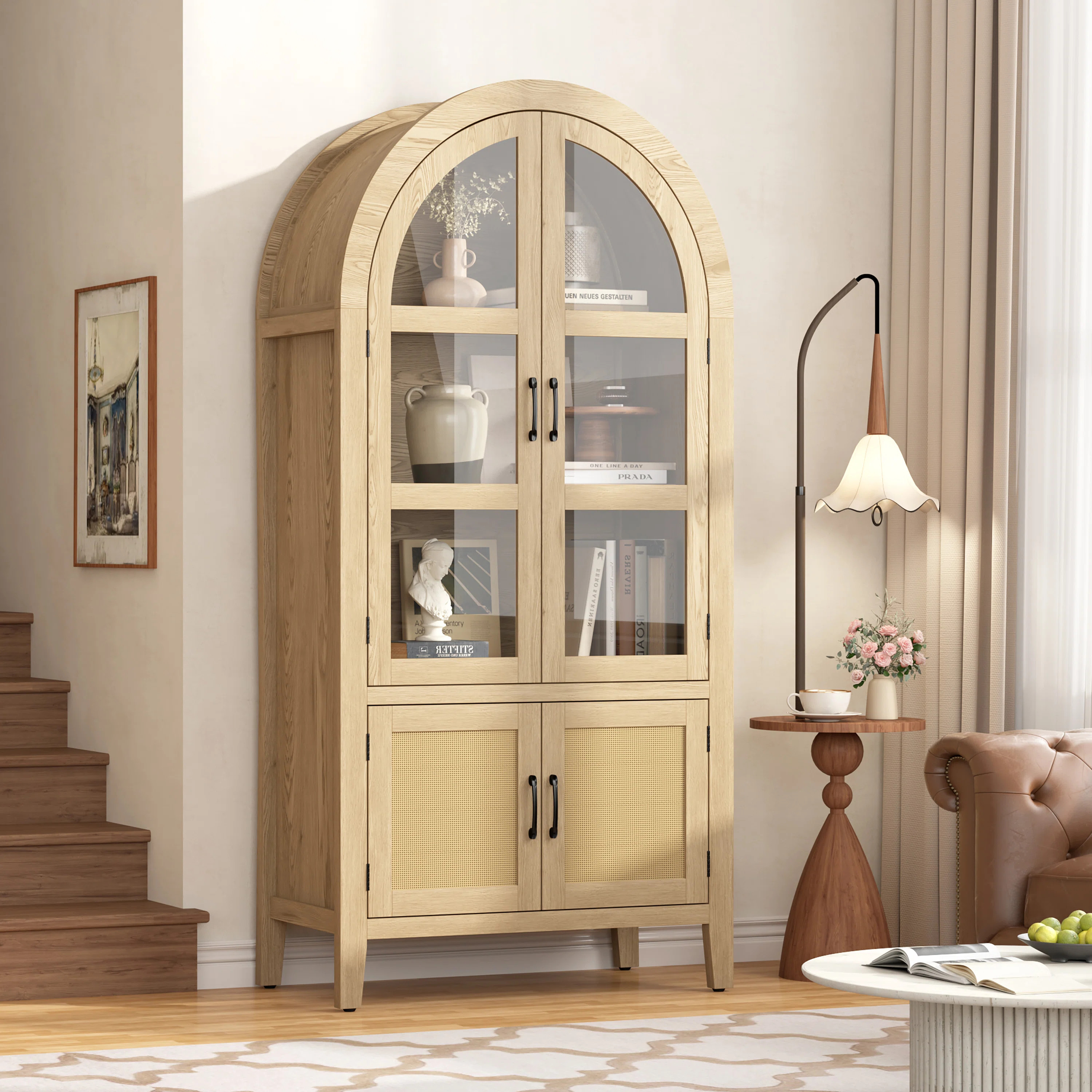 71'' Tall Arched Bookcase with Glass Door，Pantry Cabinet with Rattan Doors | Wayfair North America