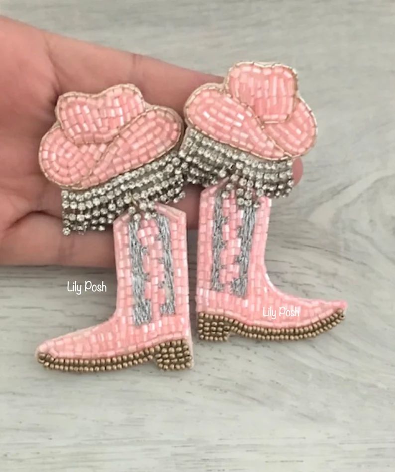 NEW Pink Cowboy Boots Seed Bead Earrings Western Boots - Etsy | Etsy (US)