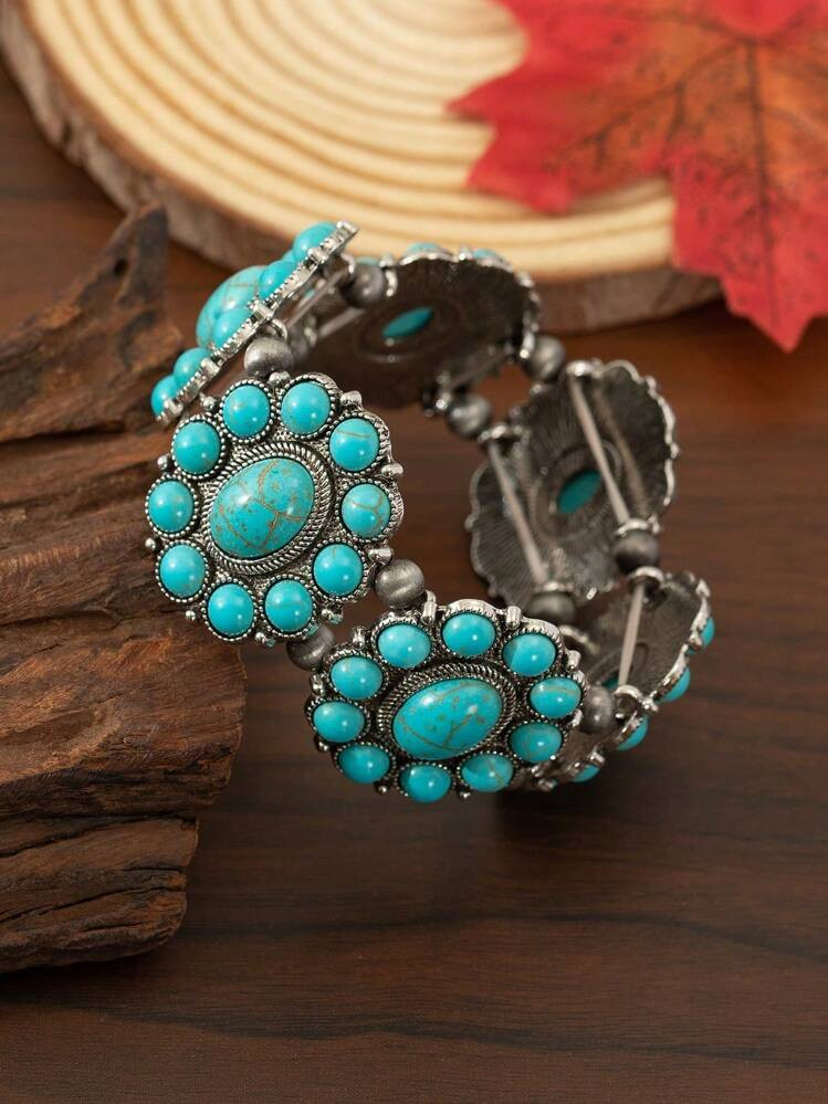 1pc Latest Bohemian Inspired, Vintage Style Elastic Turquoise Beaded Bracelet, Europe America Sty... | SHEIN