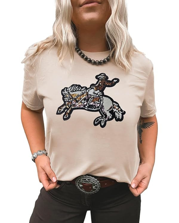 Women's Khaki Sequin Rodeo Graphic Crewneck Tee - Western Inspired Casual Top | Amazon (US)