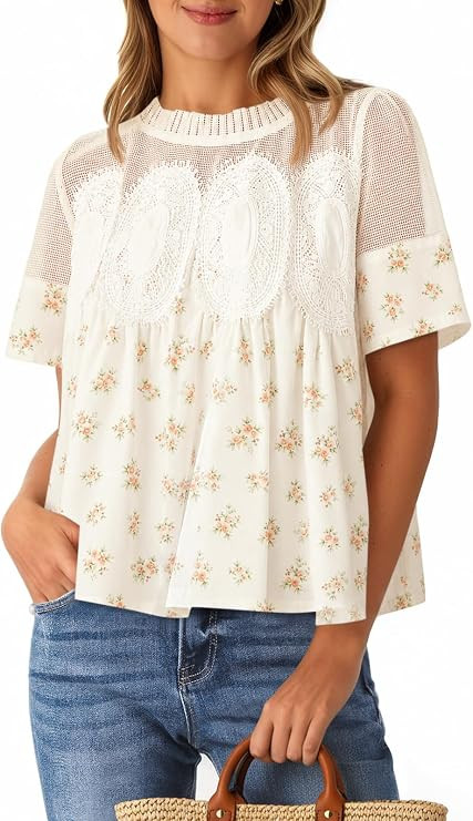 Cicy Bell Womens Babydoll Lace Blouses Short Sleeve Ruffle Crew Neck Peplum Tops Dressy Casual Lo... | Amazon (US)
