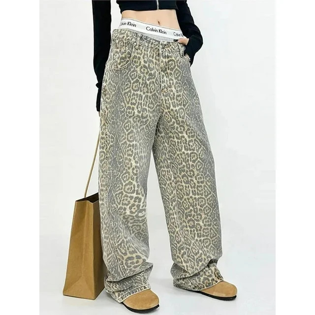 AnQingLueLv Leopard Jeans Women Denim Pants Female Oversize Wide Leg Trousers Streetwear Hip Hop ... | Walmart (US)