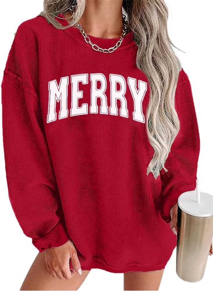 MAXIMGR Merry Christmas Sweatshirts Women Oversized Corduroy Merry Sweatshirt Jolly Sweater Xmas ... | Amazon (US)