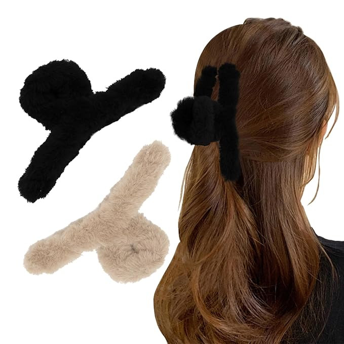 2Pcs Fuzzy Hair Clips Plush Hair Clamp for Thick Thin Hair, Large Nonslip Faux Fur Hair Claw Clip... | Amazon (US)