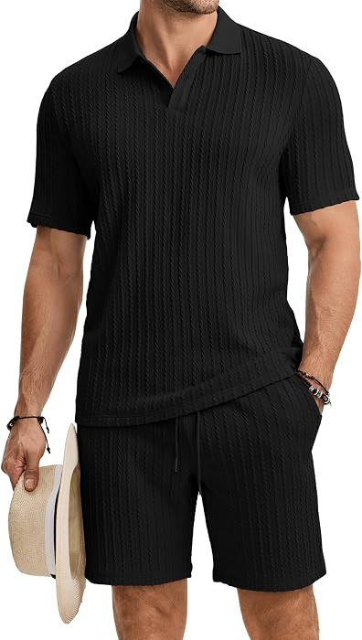 JMIERR Men's Summer Beach Outfits 2 Piece Jacquard Knit Lounge Short Sleeve Shirts & Shorts Vacat... | Amazon (US)