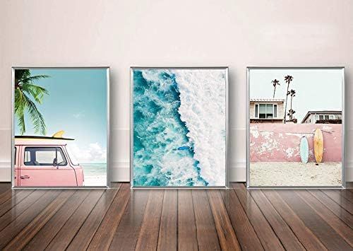VOUORON Summer California Beach Palm Photo Coastal Wall Art Prints with Pink Surfboard Set of 3 (8”X | Amazon (US)