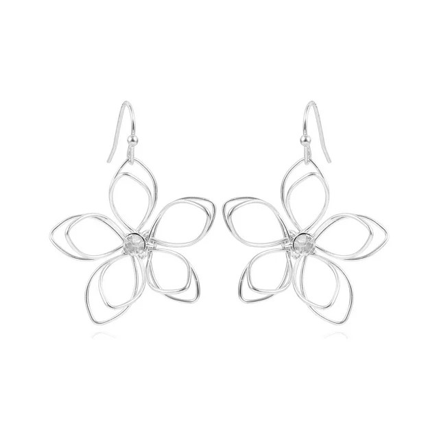 Time & True Women's Open Wire Imitation Rhodium 3D Metal Flower Fishhook Earring. Fashion Basic | Walmart (US)