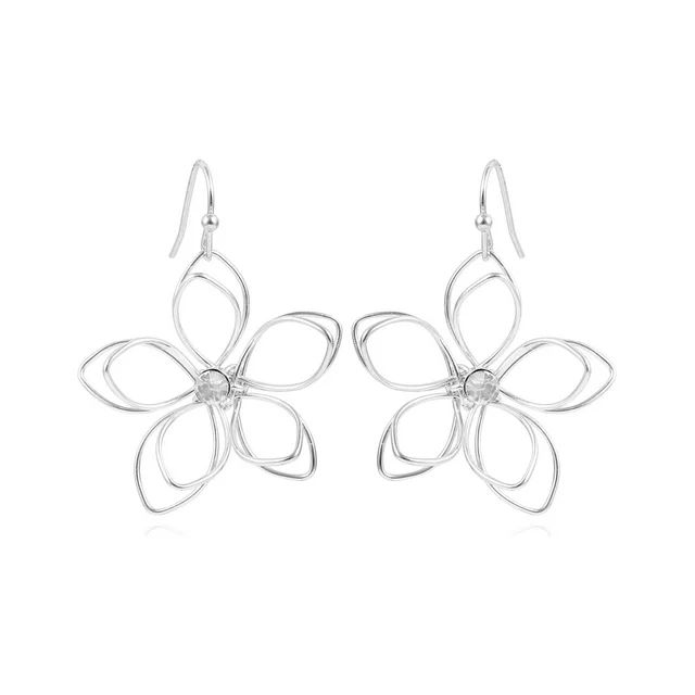 Time & True Women's Open Wire Imitation Rhodium 3D Metal Flower Fishhook Earring. Fashion Basic | Walmart (US)